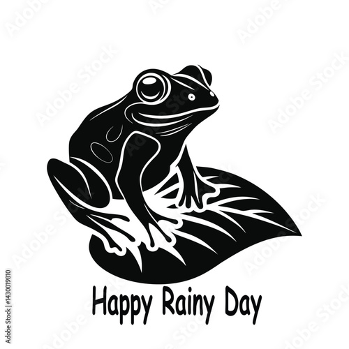 Cute frog sitting on leaf with happy rainy day text.