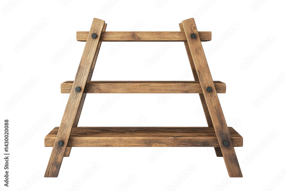Rustic three tiered wooden shelf handcrafted A frame design perfect for rustic home decor on transparent background Rustic three tiered wooden shelf handcrafted A frame design perfect for rustic home decor on transparent background