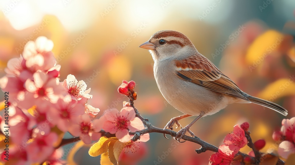 A charming sparrow perched amongst vibrant spring blossoms. A charming sparrow perched amongst vibrant spring blossoms.