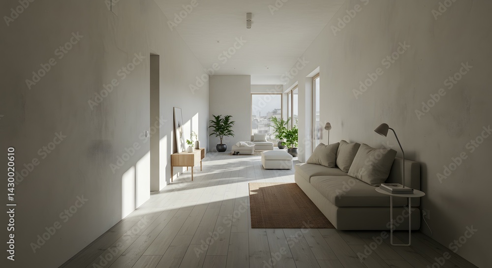 Fototapeta premium Minimalist Apartment Interior Design Open-Plan Living Space with Natural Light