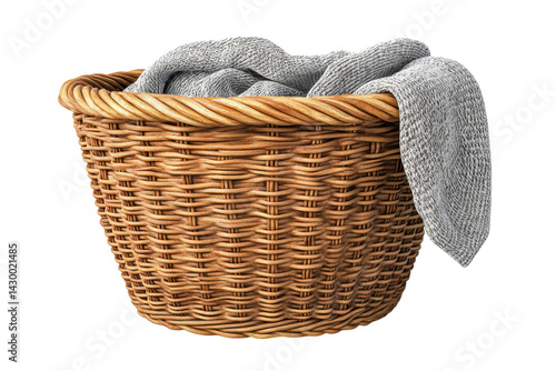A rustic wicker laundry basket overflowing with a soft grey knitted sweater against a stark on transparent background