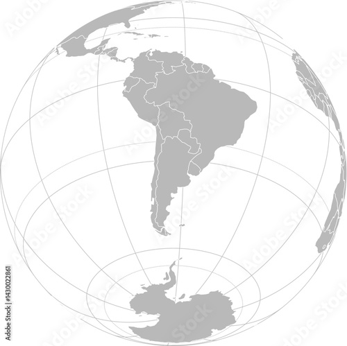 World vector map with country boundaries and graticules (Argentina-centered view, orthographic projection, PPT-compatible & fully editable)