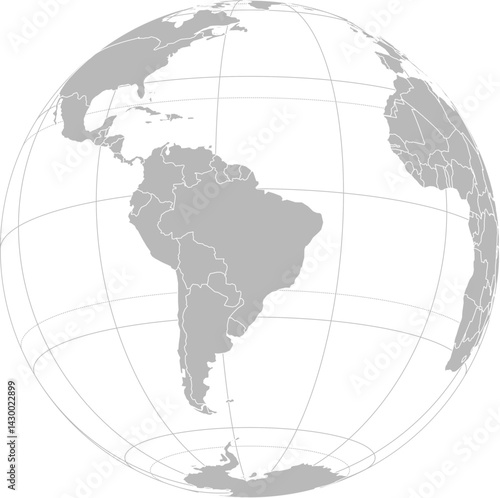 World vector map with country boundaries and graticules (Brazil-centered view, orthographic projection, PPT-compatible & fully editable)