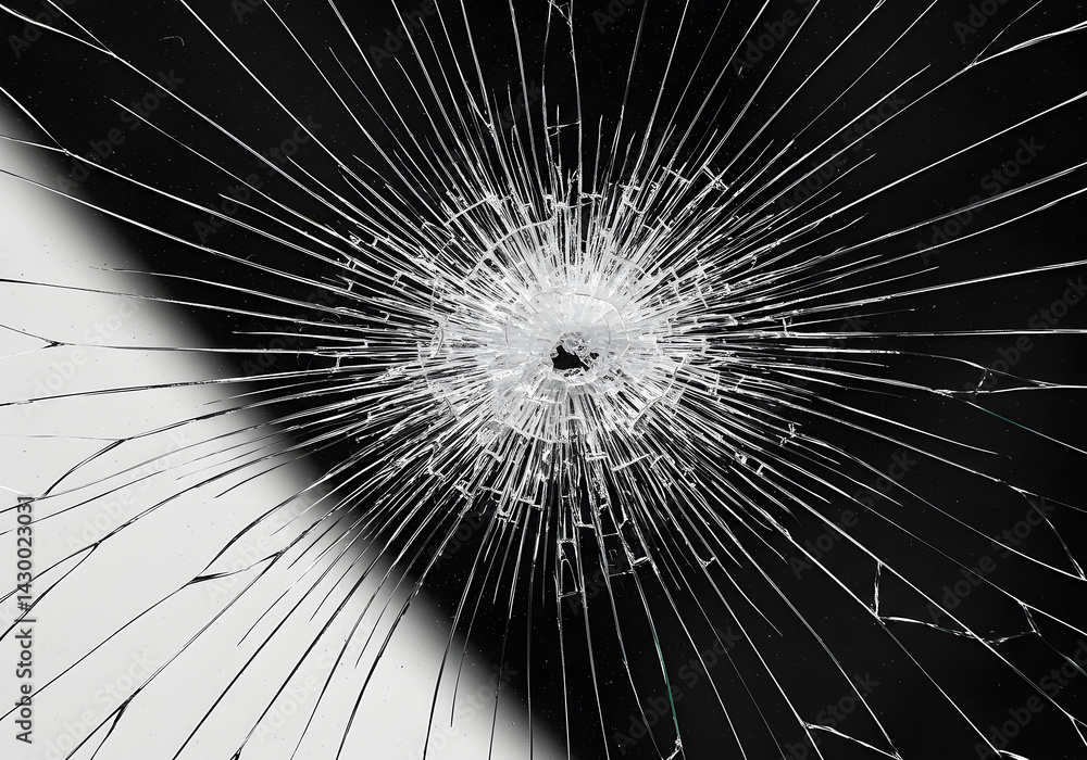 Obraz premium Broken Glass Impact, Shattered Surface, Black and White Abstract Design.