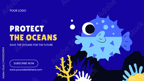 World Oceans Day Video Thumbnail Layout in Hand-Drawn Cartoon Style