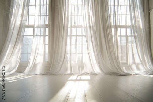 White Sheer Curtains Frame Large Windows In Bright Interior Space