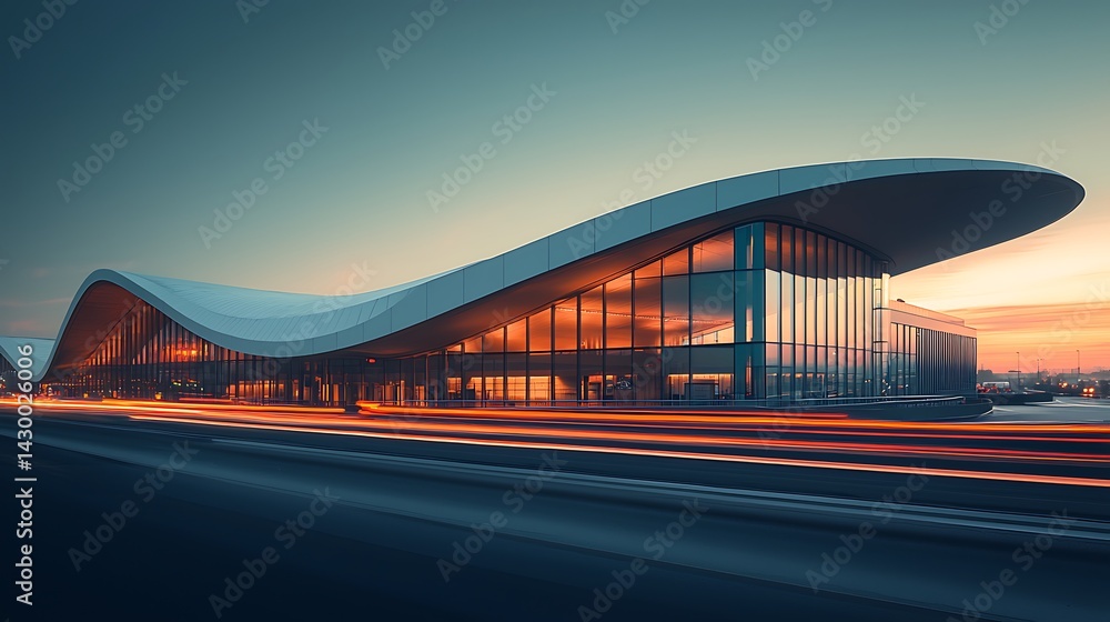 Naklejka premium Modern architectural transport hub at sunset