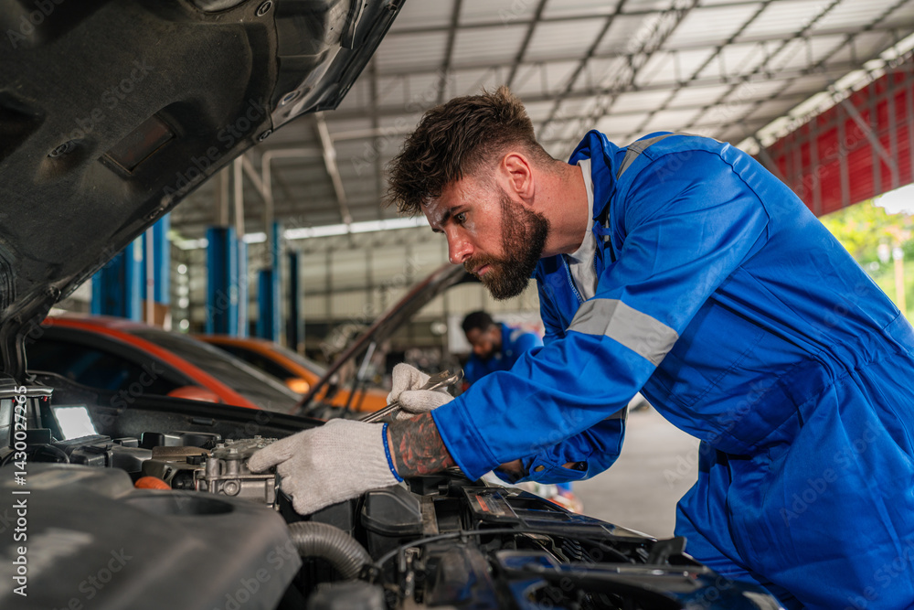 Team Auto mechanic are checking and repair maintenance auto engine is problems at car repair shop. Team Auto mechanic are checking and repair maintenance auto engine is problems at car repair shop.
