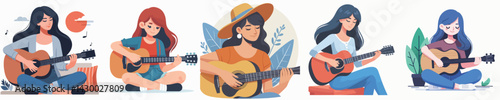 Vector of a young woman playing guitar.