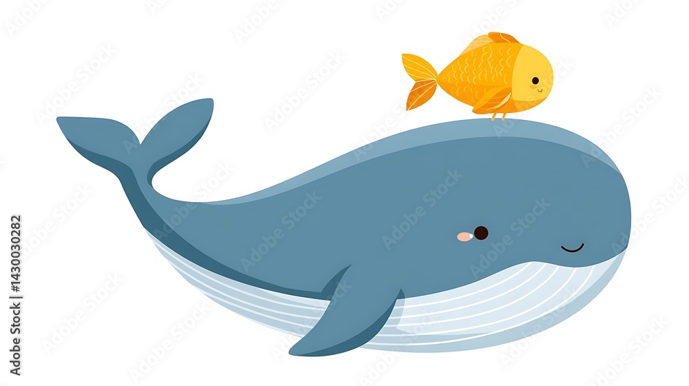Cartoon whale swimming peacefully with cheerful goldfish on top in a playful ocean-themed illustration Cartoon whale swimming peacefully with cheerful goldfish on top in a playful ocean-themed illustration