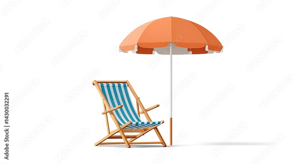 Fototapeta premium Vibrant Beach Chair and Umbrella Set Against a Clean White Background for Vacation and Summer Themes