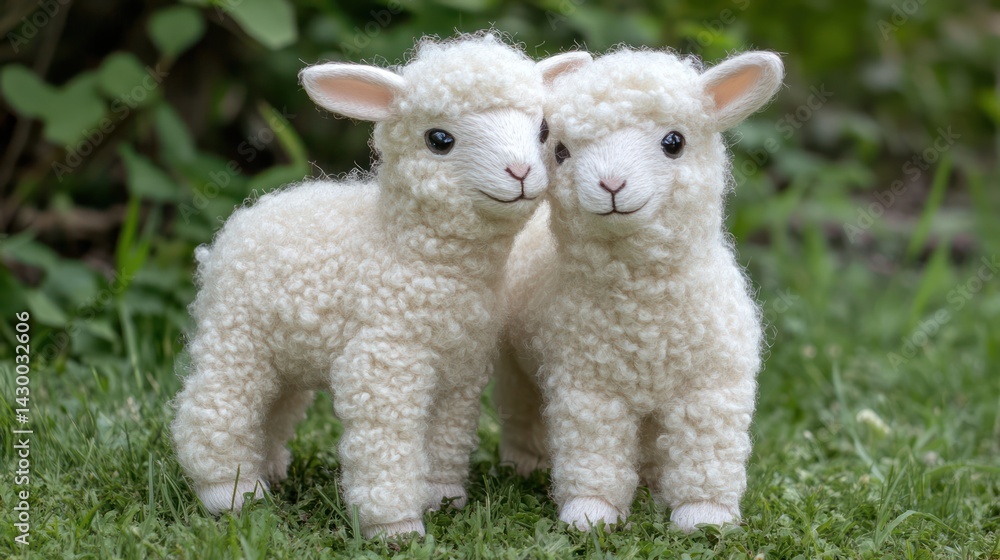 Obraz premium Two fluffy lamb toys cuddle on green grass, symbolizing spring, innocence, and Easter