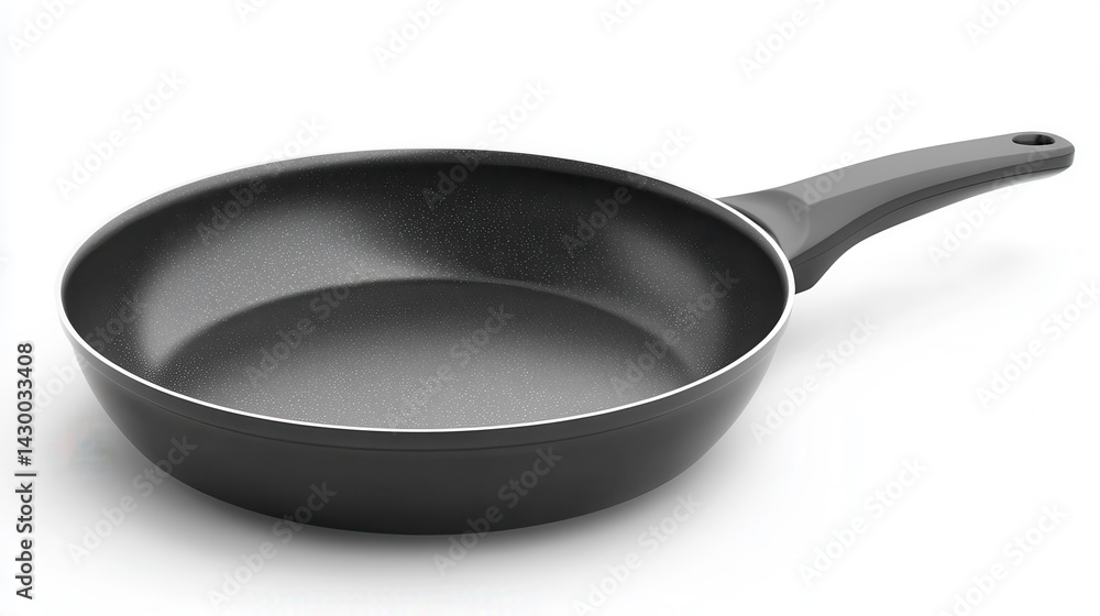 A single, empty, dark gray frying pan with a black handle, isolated on a white background. A single, empty, dark gray frying pan with a black handle, isolated on a white background.
