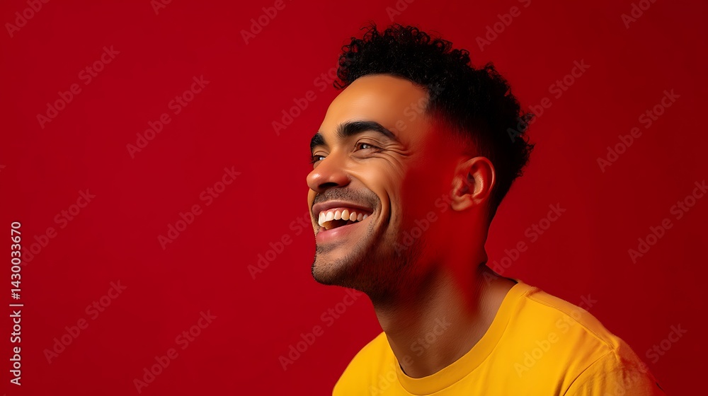 Vibrant portrait of a smiling young man against a bold red background Vibrant portrait of a smiling young man against a bold red background