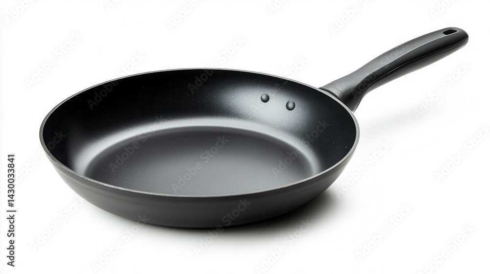 A single black frying pan with a black handle isolated on a white background. A single black frying pan with a black handle isolated on a white background.