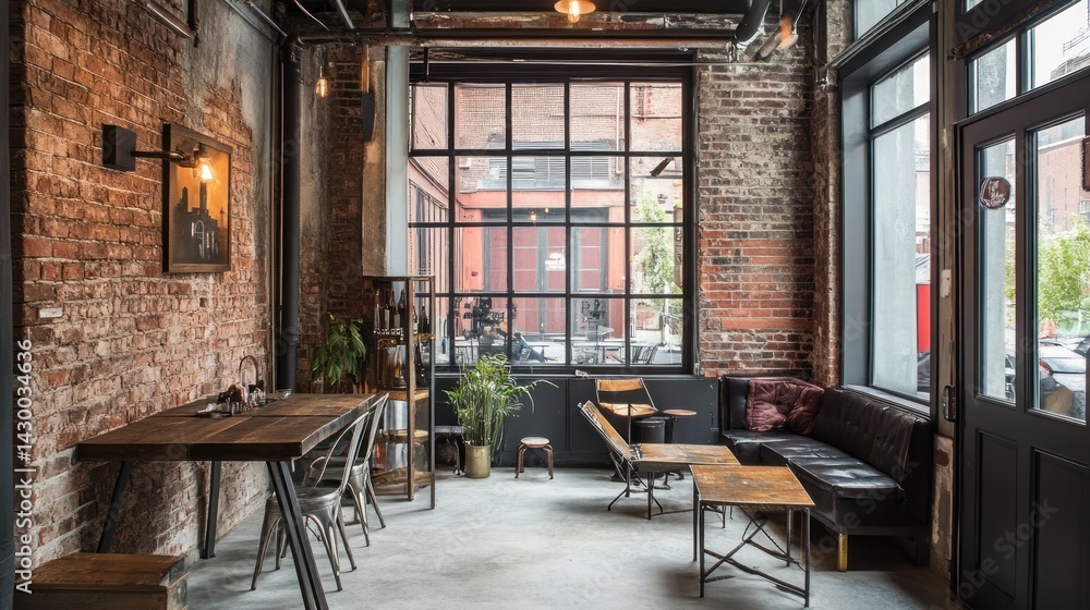 Naklejka premium Industrial Chic Cafe Interior Design: Exposed Brick Walls, Large Windows, and Metal Accents