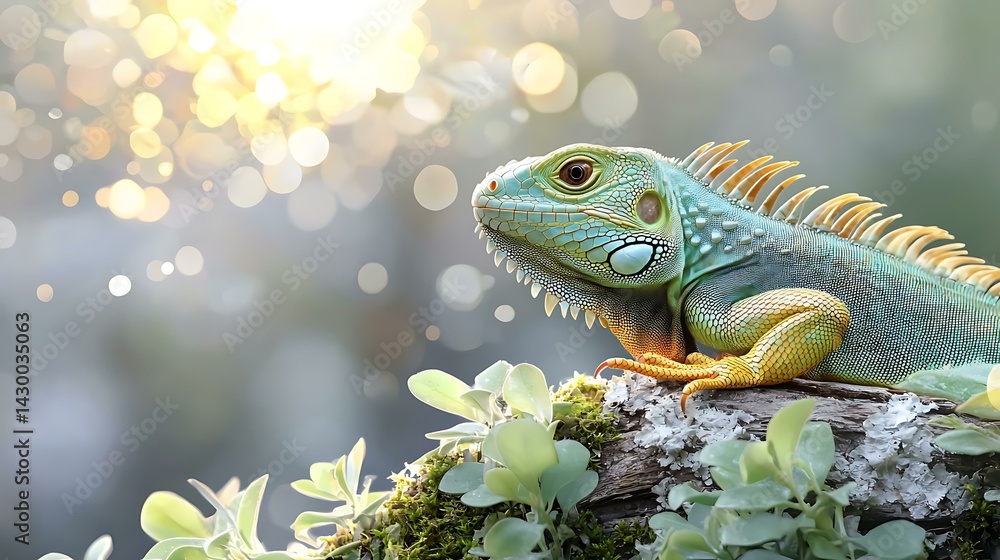 Colorful Iguana Resting on Branch with Soft Bokeh Background Colorful Iguana Resting on Branch with Soft Bokeh Background