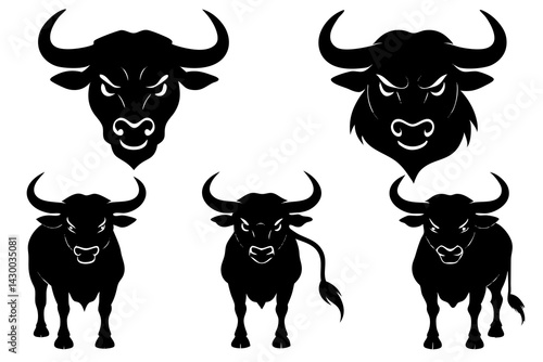 set of angry bull vector silhouette illustration isolated on white background