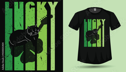 St Patrick's Day lucky guitar lover cat t-shirt design 