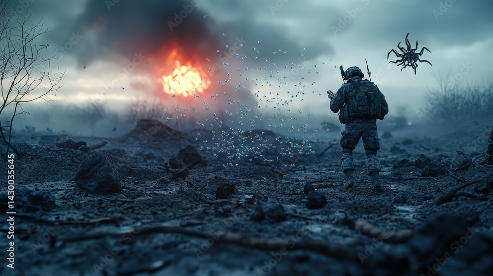 Fototapeta premium Explosive warfare scene desolate battlefield digital art post-apocalyptic low angle survival concept
