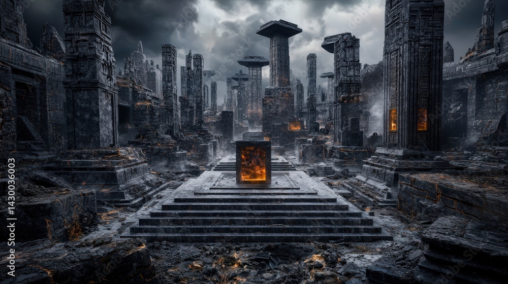 Fototapeta premium Ancient ruins emerge from shadows mystic city digital art surreal environment dramatic perspective fantasy concept