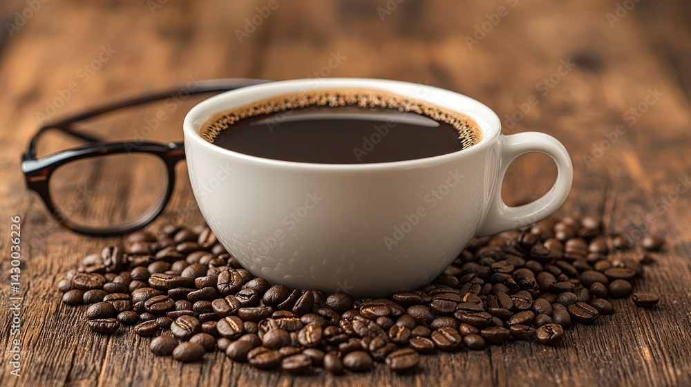 Fototapeta premium Coffee cup on beans with glasses near a wooden table