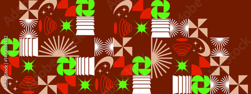 Colorful geometric backgorund with multiple shapes and colors, for backgrounds, textiles, digital designs, and packaging