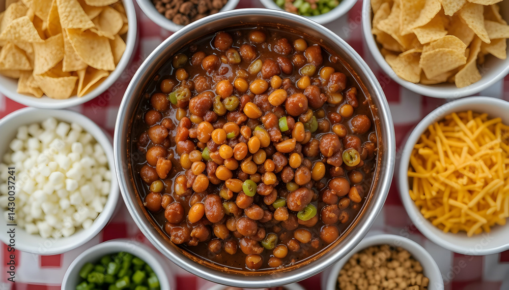 Spicy Chickpea Chili Bar with Toppings: Overhead View Spicy Chickpea Chili Bar with Toppings: Overhead View