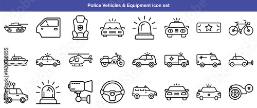  Police Vehicles & Equipment Line Icon Set