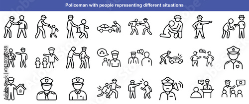 Policeman with People Situations Line Icons Set