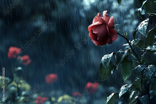 Crimson rose in a downpour, bathed in rain.