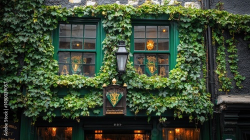 A traditional Irish pub exterior adorned with green and gold decorations, framed by hanging ivy.