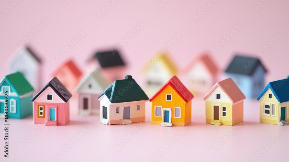 A collection of miniature houses in various colors arranged on a soft pink background, symbolizing home ownership or real estate concepts. A collection of miniature houses in various colors arranged on a soft pink background, symbolizing home ownership or real estate concepts.