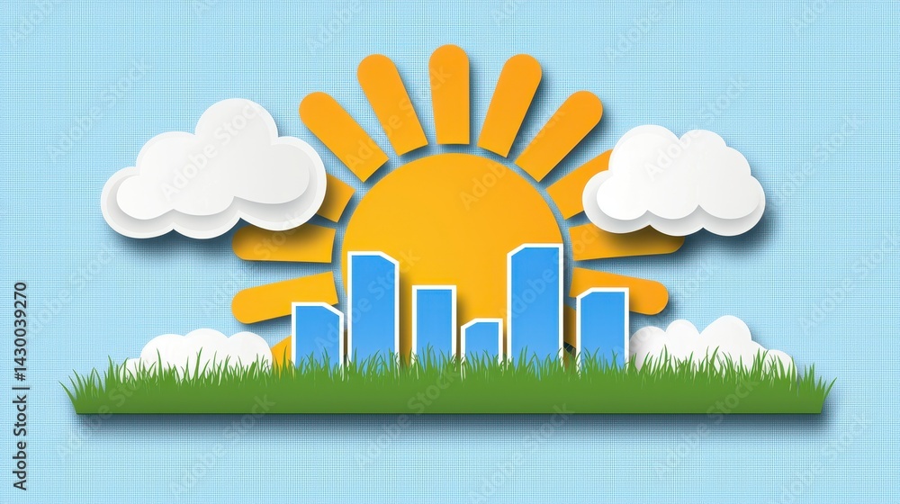 Fototapeta premium Bright Sun Rising Over City Skyline with Soft Clouds and Green Grass Background