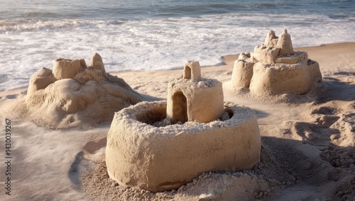 Three Sandcastles on a Sunny Beach