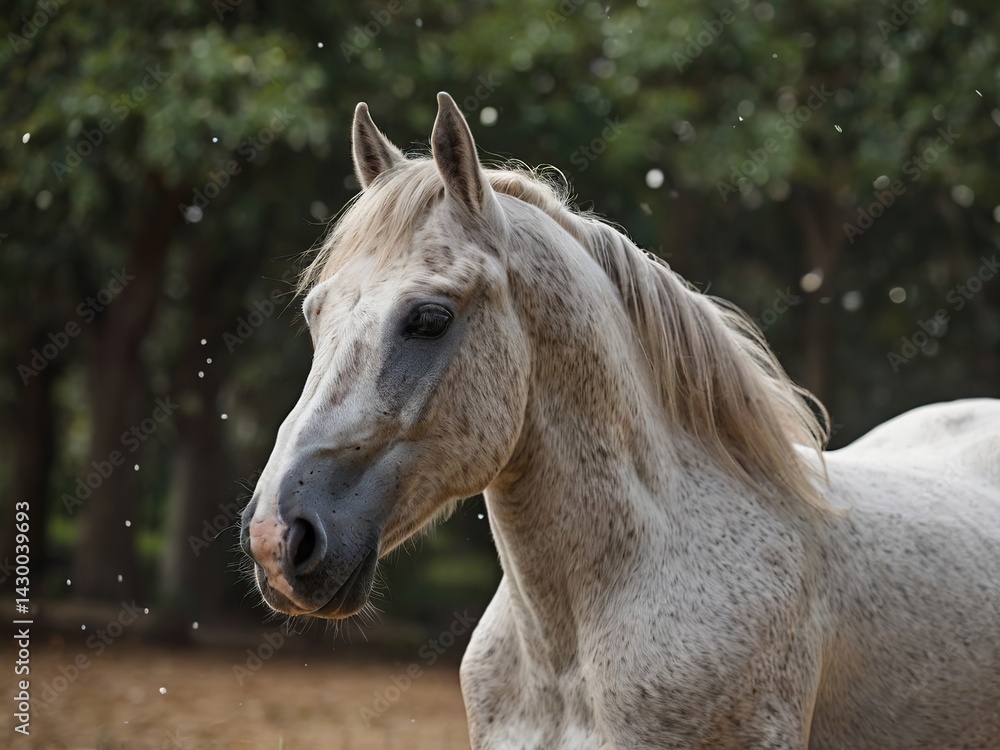 Obraz premium Profile portrait of a dappled white horse with subtle gray speckles against a blurred natural background. Alert ears and expressive dark eye create an elegant equine portrait showing the horse's grace