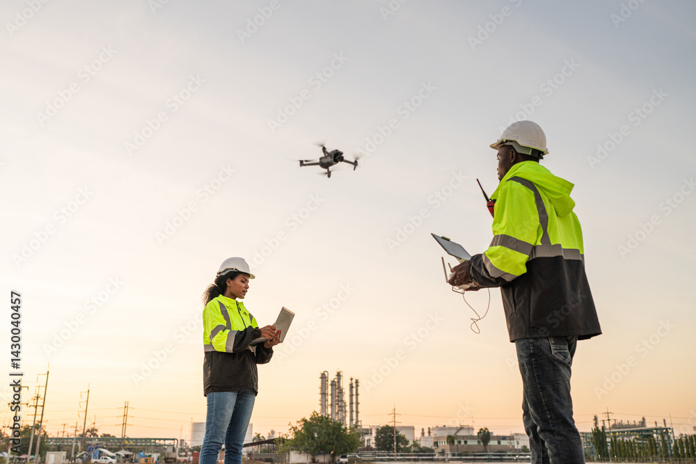 custom made wallpaper toronto digitalEngineer Specialists Pilot Drone on Construction Site. Architectural Engineer and Safety Engineering Inspector Fly Drone at industrial plant.