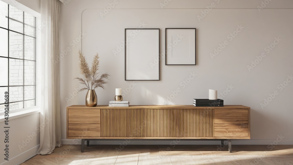 Modern, minimalist living room with wooden media console.
