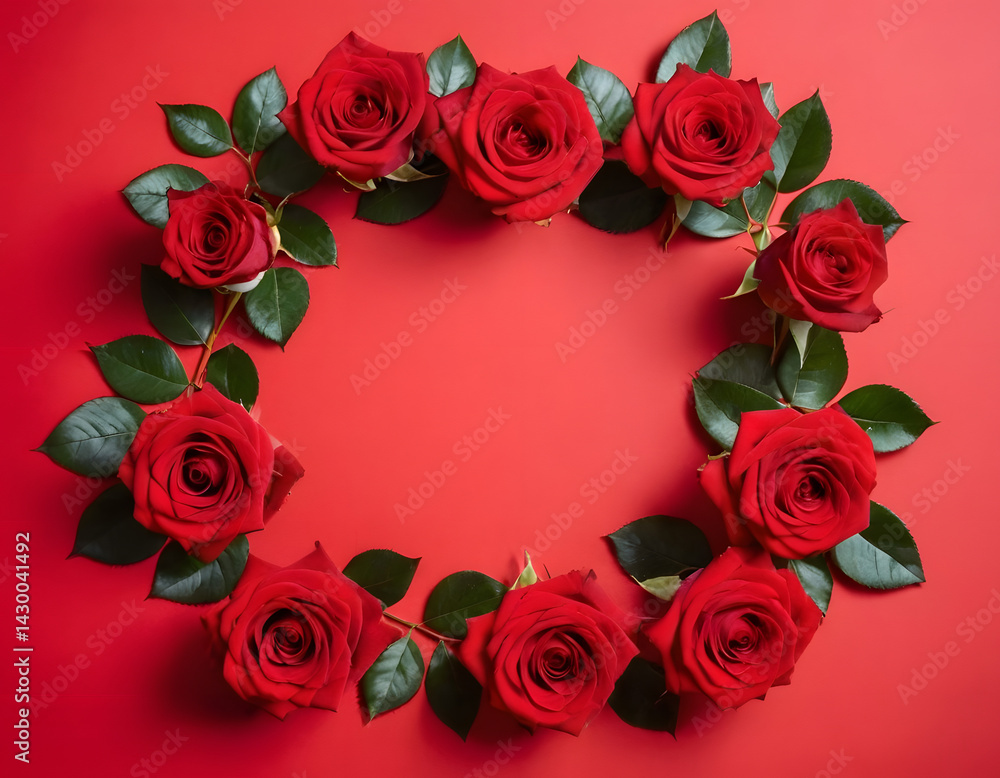 Red roses on a red background. The frame of red roses. Abstract background with Copy space. text space for wishing Mother's Day Red roses on a red background. The frame of red roses. Abstract background with Copy space. text space for wishing Mother's Day