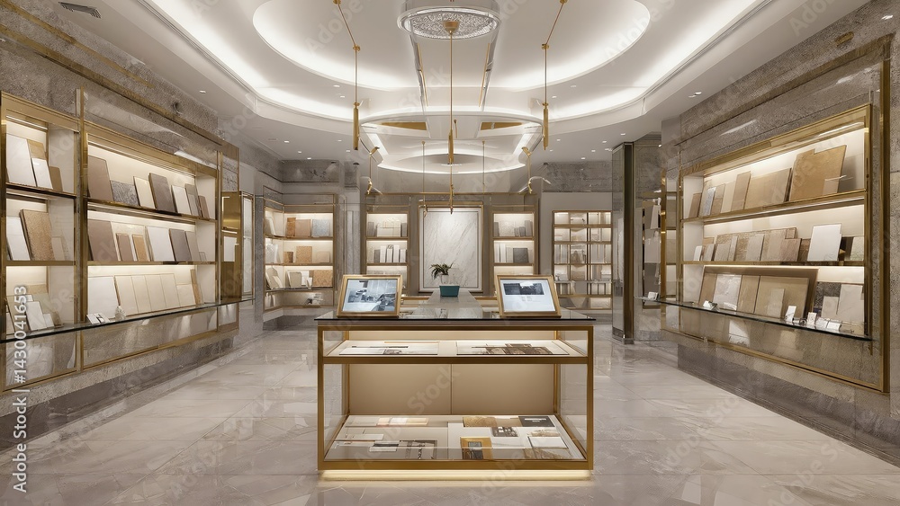 Luxurious showroom showcasing various tiles and stone materials.
