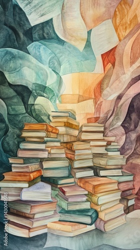 The watercolor depicts a school setting with stacks of books capturing the essence of education and creativity in soft flowing hues creating a warm and inviting educational environment