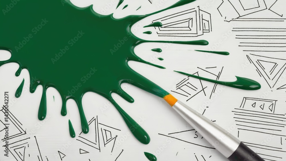 Green paint splatter on a background of architectural sketches.