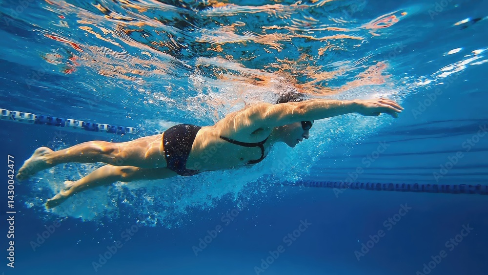 Submerged swimmer performing freestyle underwater.