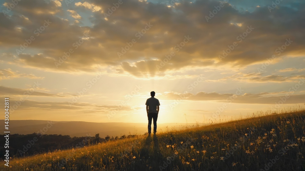Silhouette of a person standing on a grassy hill at sunset.