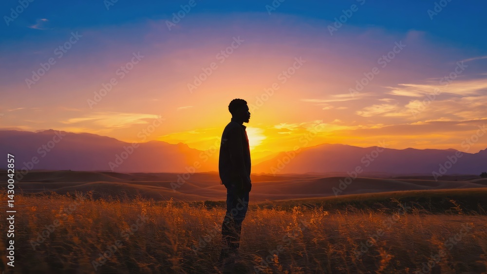 Silhouette of a person standing in a golden sunset field.