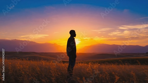 Obraz na płótnie Silhouette of a person standing in a golden sunset field. w salonie