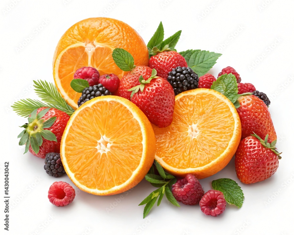 Juicy Oranges Strawberries Raspberries and Blackberries Fresh Fruit Composition Juicy Oranges Strawberries Raspberries and Blackberries Fresh Fruit Composition