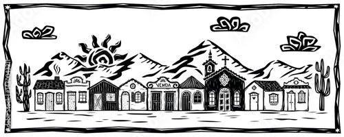 Landscape of a village with houses and a church in the countryside, rural scene. Illustration in the style of woodcut, linocut. For prints, cards, patterns.eps