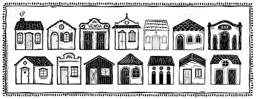 set of cute little houses drawn in woodcut style. Countryside houses, old and original. Vector illustration. Isolated elements.eps
