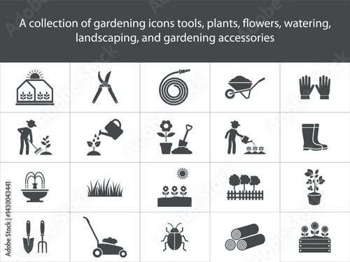 Gardening solid Icons Set. Tools, Plants, Flowers, wheelbarrow, gloves, boots, rake, shovel watering can. gardening equipment vector illustration